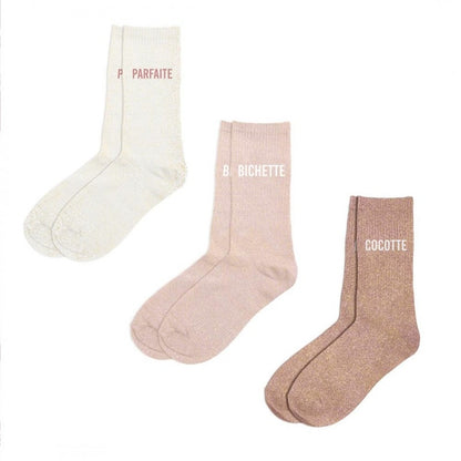 Coffret Trio Chaussettes Paillettes Fantaisie Femme – Parfaite, Bichette, Cocotte | Cadeau Original & Brillant JOY!