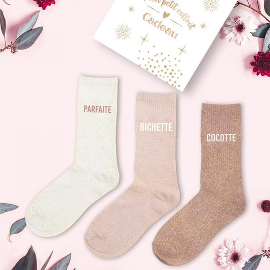 Coffret Trio Chaussettes Paillettes Fantaisie Femme – Parfaite, Bichette, Cocotte | Cadeau Original & Brillant JOY!