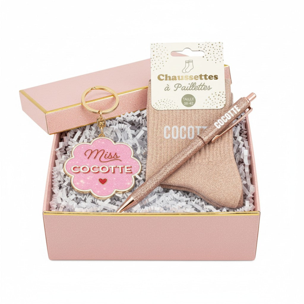 porte clés paillettes miss cocotte coffret cadeau avec chaussettes et stylo pailleté
