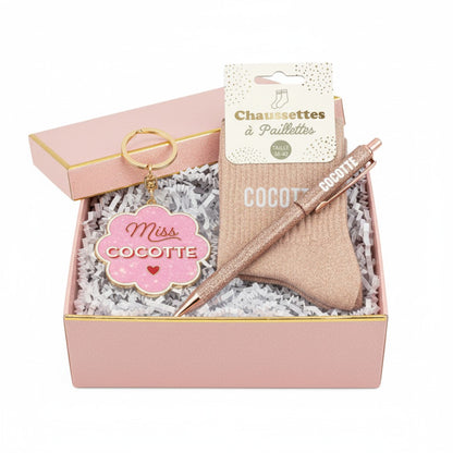 porte clés paillettes miss cocotte coffret cadeau avec chaussettes et stylo pailleté