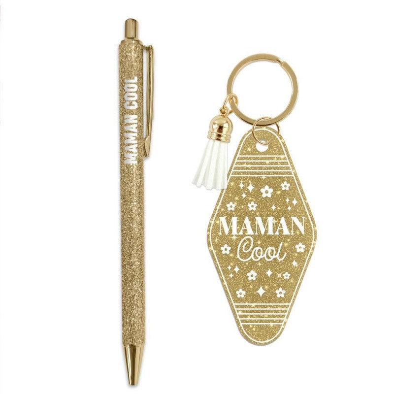 Coffret Duo Paillettes “Maman Cool” – Stylo & Porte-Clés Humoristique Femme | Girls Club JOY!