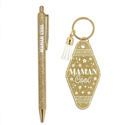 Coffret Duo Paillettes “Maman Cool” – Stylo & Porte-Clés Humoristique Femme | Girls Club JOY!
