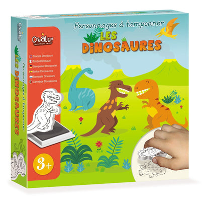 Coffret Crealign Les Dinosaures avec 10 tampons mousse et un encreur grand format.