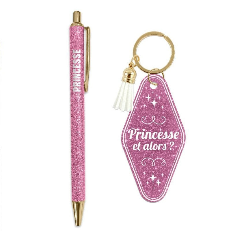Coffret Duo Paillettes “Princesse” – Stylo & Porte-Clés Cadeau Fun Femme | Girls Club JOY!