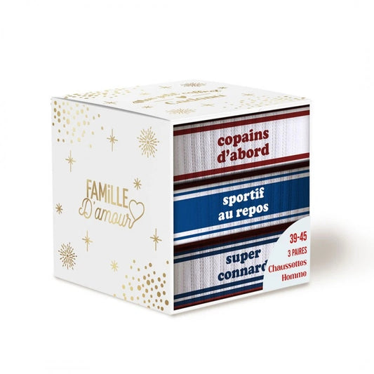 Coffret Trio Chaussettes Homme Fantaisie – Copains d’Abord / Sportif au Repos / Super Connard (39/45) JOY!