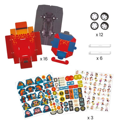 Enfant assemblant une voiture de course du kit créatif Djeco
