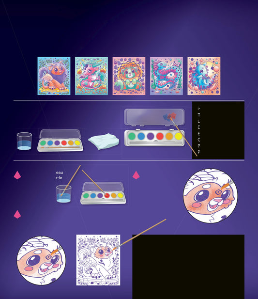 Cinq tableaux, boîte de peinture de 6 couleurs et pinceau du kit Animaux Fantastiques