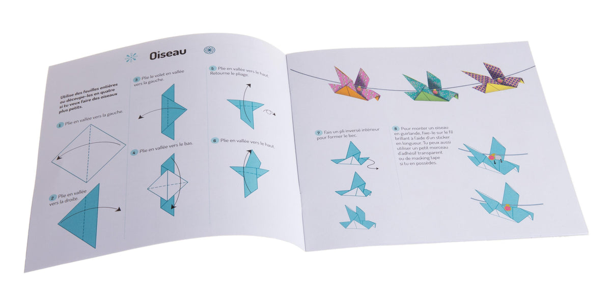 30 feuilles de papier origami, fil, stickers brillants et livre de modèles