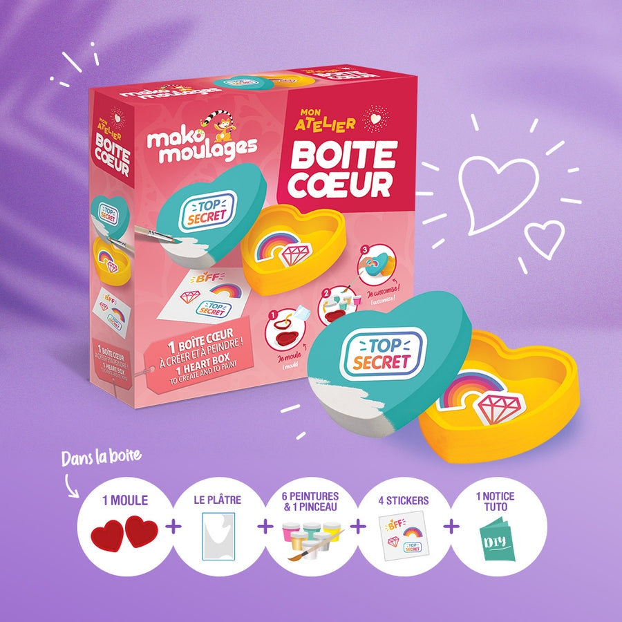 Contenu du kit créatif Boîte Cœur : moule, plâtre, peintures, strass