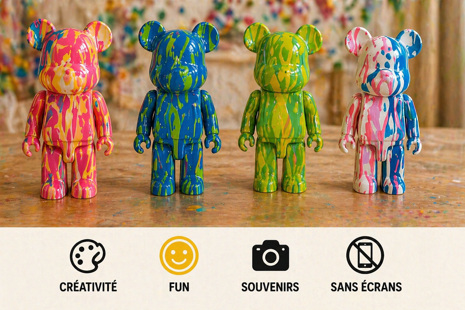 Kit anniversaire DIY Pouring Art Ourson Lego – Lot de 4 à 12 figurines à peindre JOY!