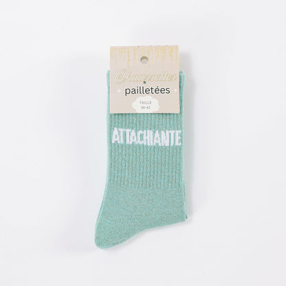 detail message attachiante vert chaussettes fantaisie femme
