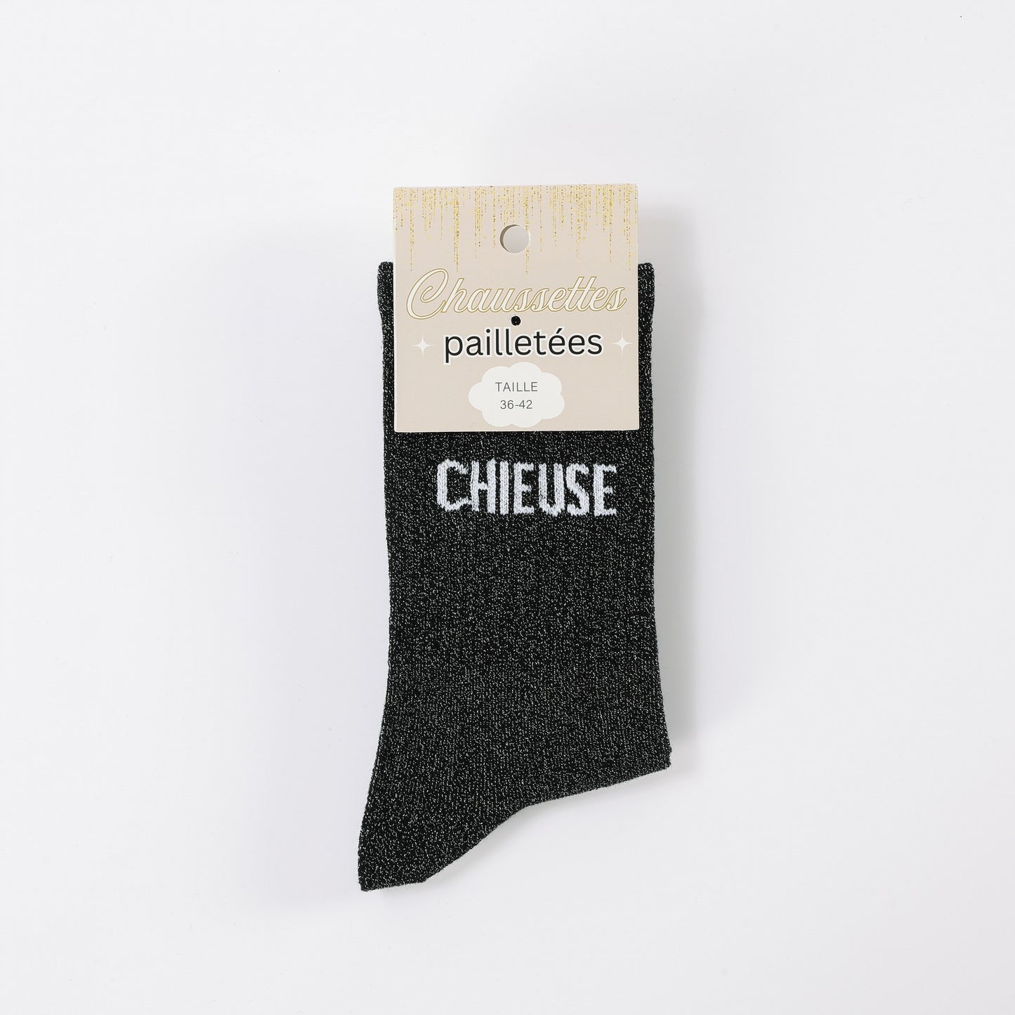 détail message chieuse chaussettes scintillantes coton