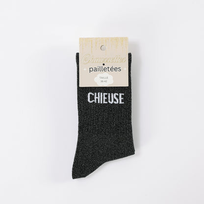 détail message chieuse chaussettes scintillantes coton