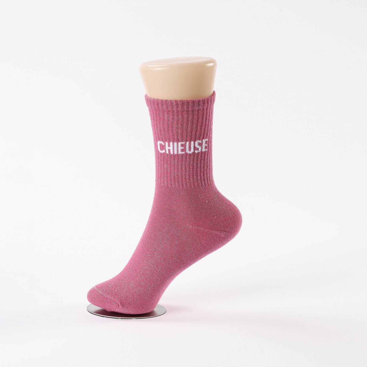 détail message chieuse rose chaussettes fantaisie femme