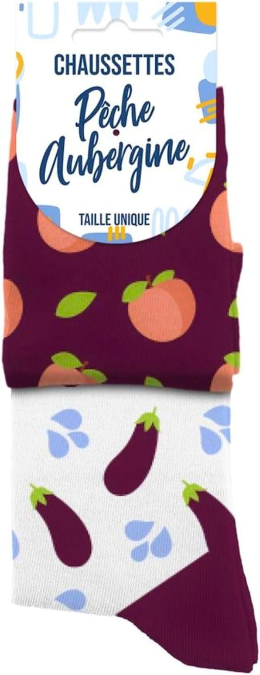 détail motif pêche aubergine chaussettes fantaisie unisexe