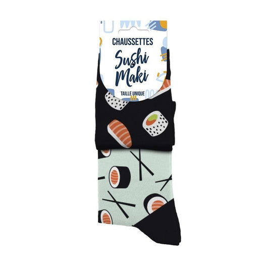 détail motif sushi maki chaussettes fantaisie unisexe