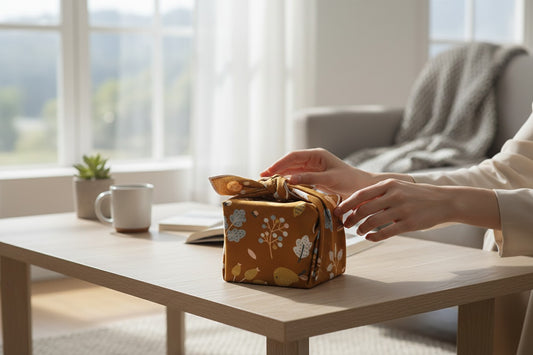 Gros plan sur les motifs d’automne du Furoshiki en coton, feuilles et couleurs chaudes