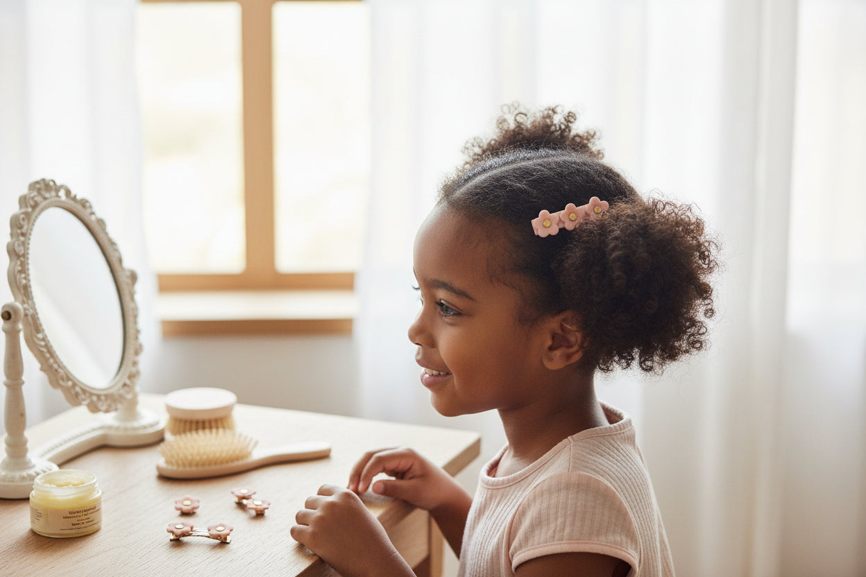Barrette Fleur Pêche – 3 fleurs pêche & cœurs dorés LA PETITE EPICERIE
