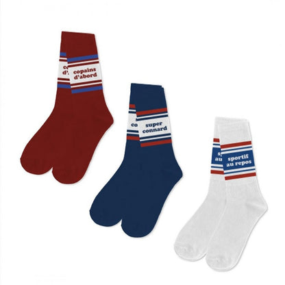 Coffret Trio Chaussettes Homme Fantaisie – Copains d’Abord / Sportif au Repos / Super Connard (39/45) JOY!