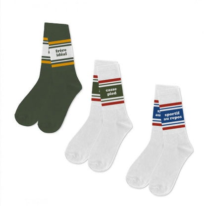 Coffret Trio Chaussettes Homme Fantaisie – Frère Idéal / Casse-Pied / Sportif au Repos (39/45) JOY!