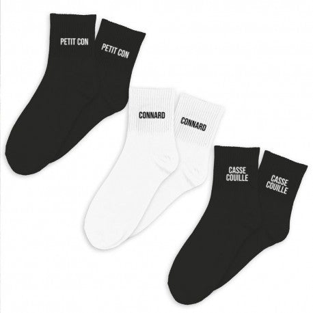 Coffret Trio Chaussettes Homme Fantaisie – Petit Con / Connard / Casse-Couille (39/45) JOY!