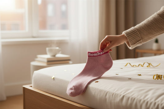 Mot Bombasse inscrit sur socquettes pailletées colorées