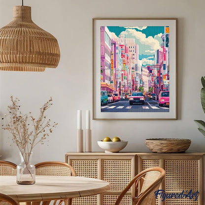 Diamond Painting Japon représentant une rue animée illuminée de lanternes japonaises