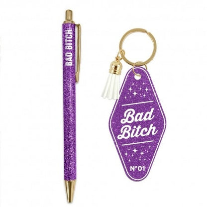 Duo Cadeau Paillettes “Bad Bitch” – Stylo Pailleté & Porte-Clés Pompon | Idée Cadeau Fun Femme JOY!