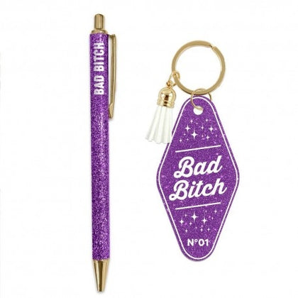 Duo Cadeau Paillettes “Bad Bitch” – Stylo Pailleté & Porte-Clés Pompon | Idée Cadeau Fun Femme JOY!
