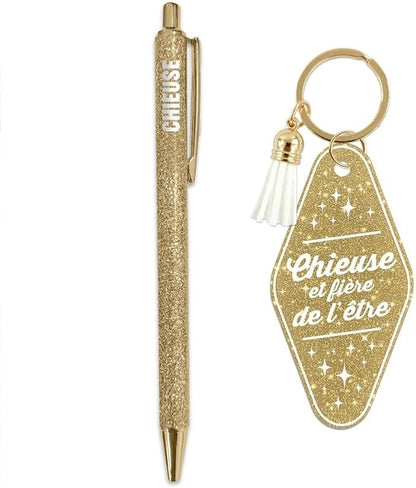 Duo Cadeau Paillettes – Stylo & Porte-Clés Fantaisie Humour Femme JOY!