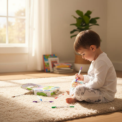 Enfant coloriant son pyjama Chat Porte Bonheur JOY! avec feutres lavables