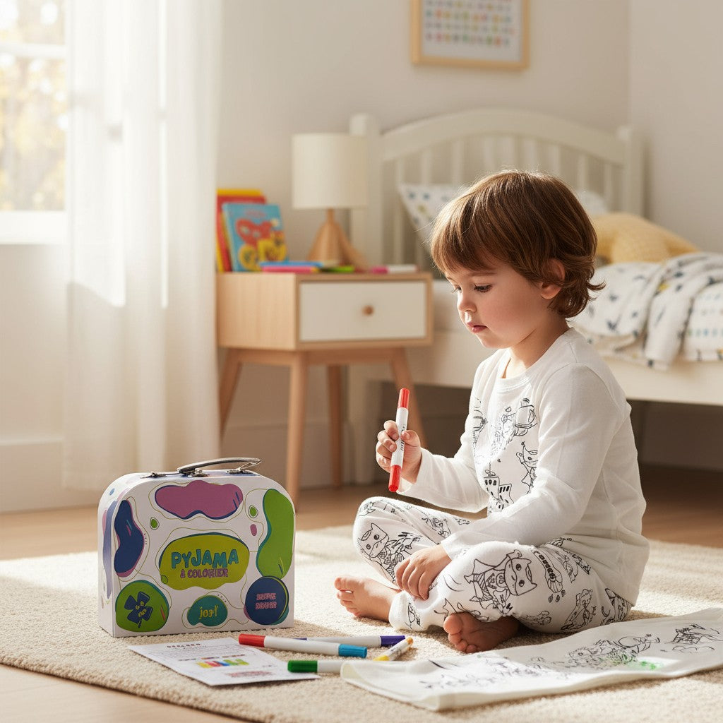 Enfant coloriant son pyjama Super Héro JOY! avec feutres lavables
