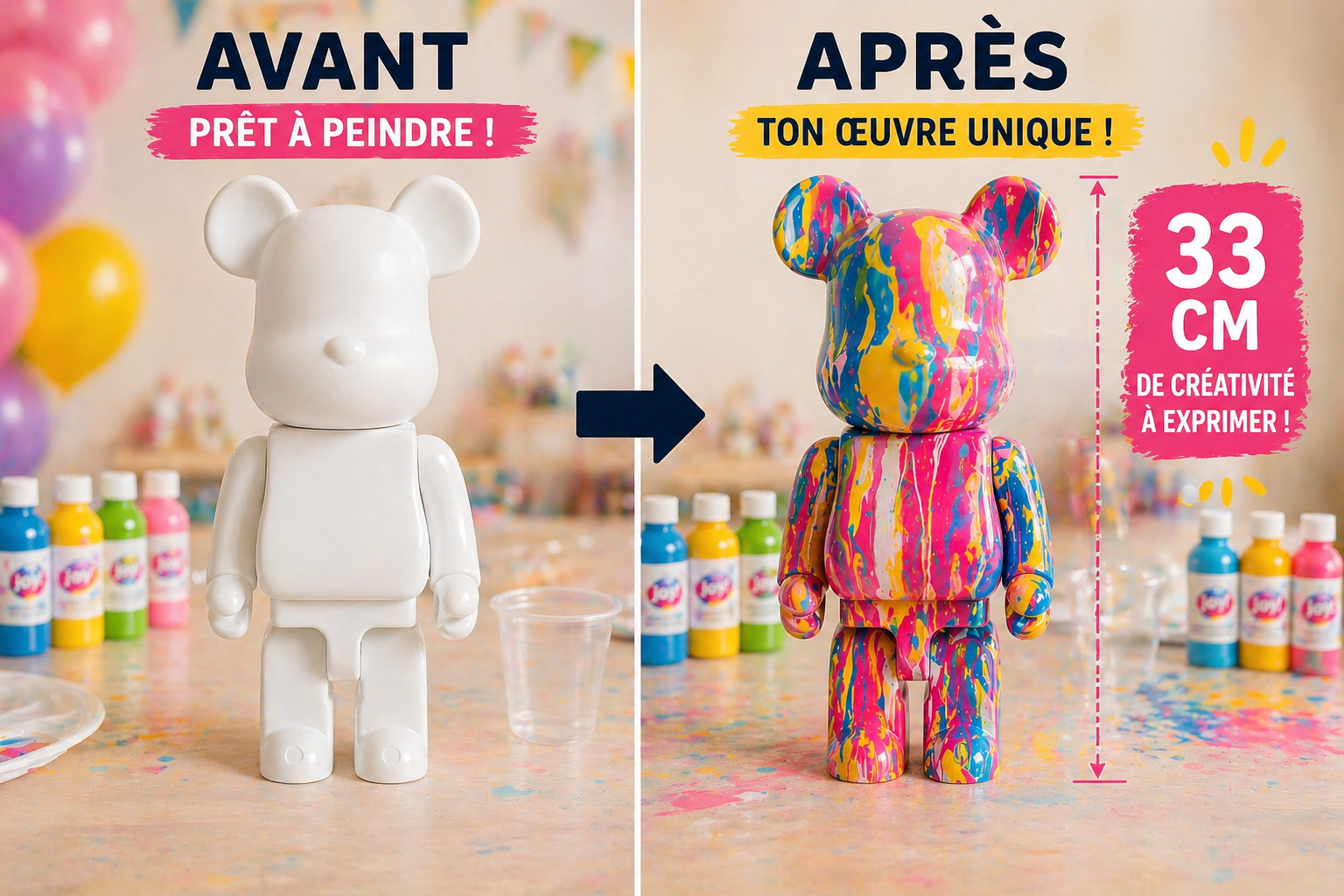 Kit anniversaire DIY Pouring Art Ourson Lego – Lot de 4 à 12 figurines à peindre JOY!