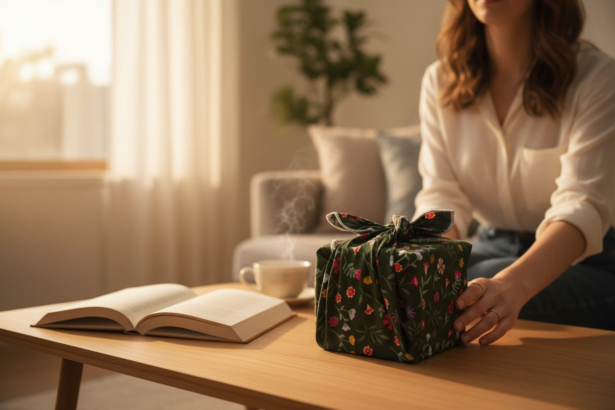 Furoshiki Vert Fleurs en coton – Emballage cadeau zéro déchet (4 tailles) Machatatelier