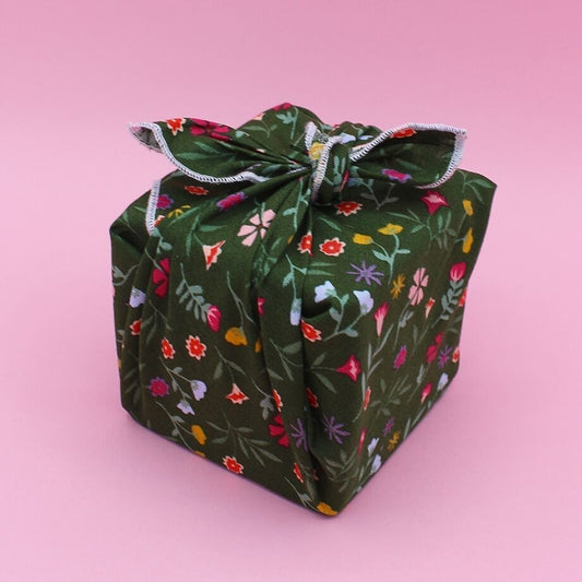 Furoshiki Vert Fleurs en coton – Emballage cadeau zéro déchet (4 tailles) Machatatelier