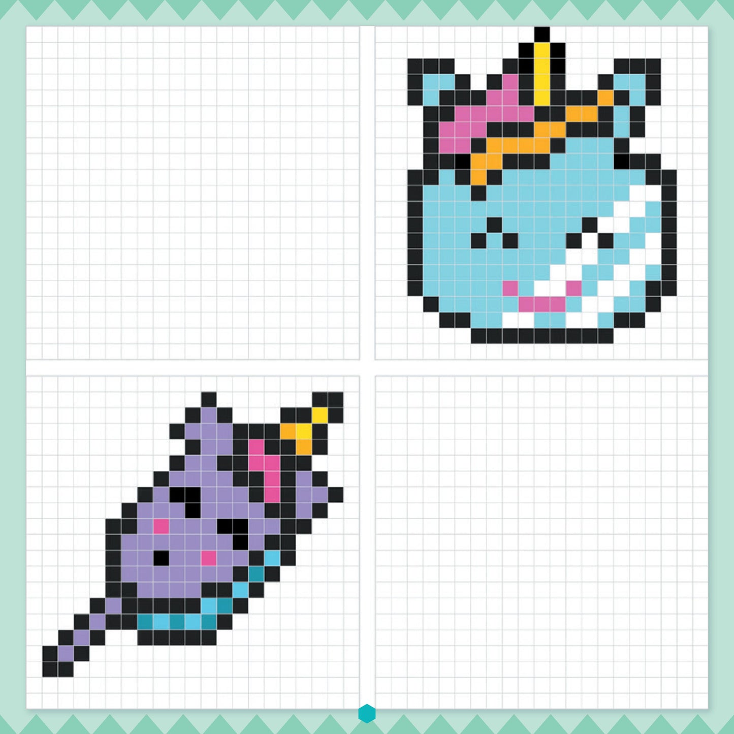 Grille pixel art à reproduire case par case avec modèle en couleurs