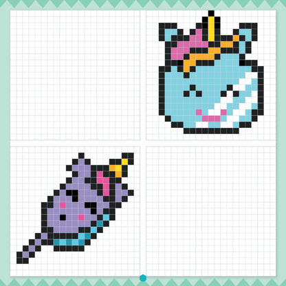 Grille pixel art à reproduire case par case avec modèle en couleurs