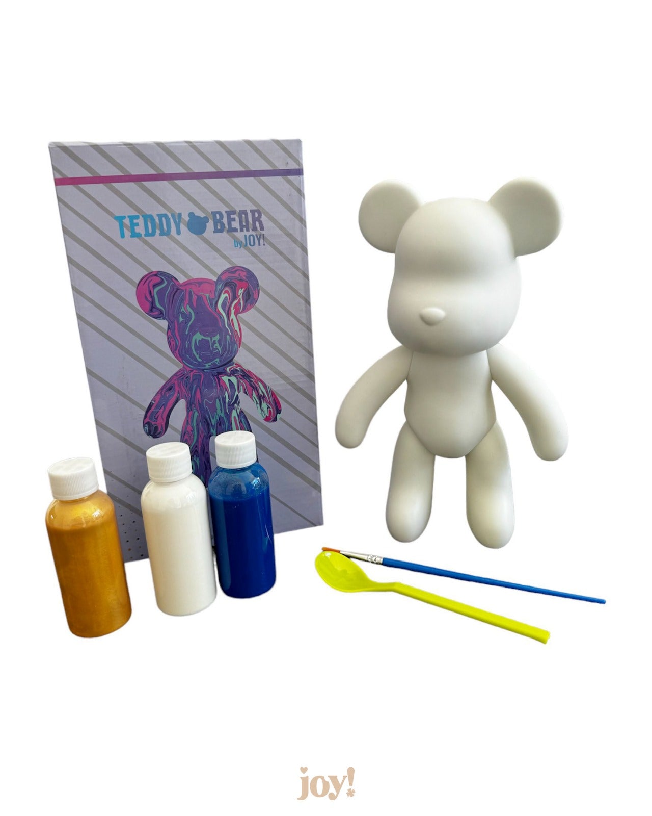 Kit Peinture Pouring Fluide Art – Ours Teddy Bear Bleu / Blanc / Or JOY!