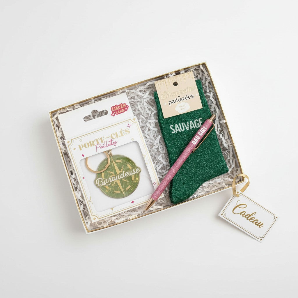 Porte-clés paillettes Baroudeuse à intégrer dans un coffret cadeau avec chaussettes et stylo pailletés