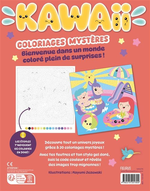 Coloriages Mystères Kawaii Détente au Soleil – 20 Illustrations avec Stylo Gel Doré Edition Fleurus