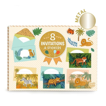 Set de cartes d'invitation Animaux de la Jungle avec enveloppes et stickers