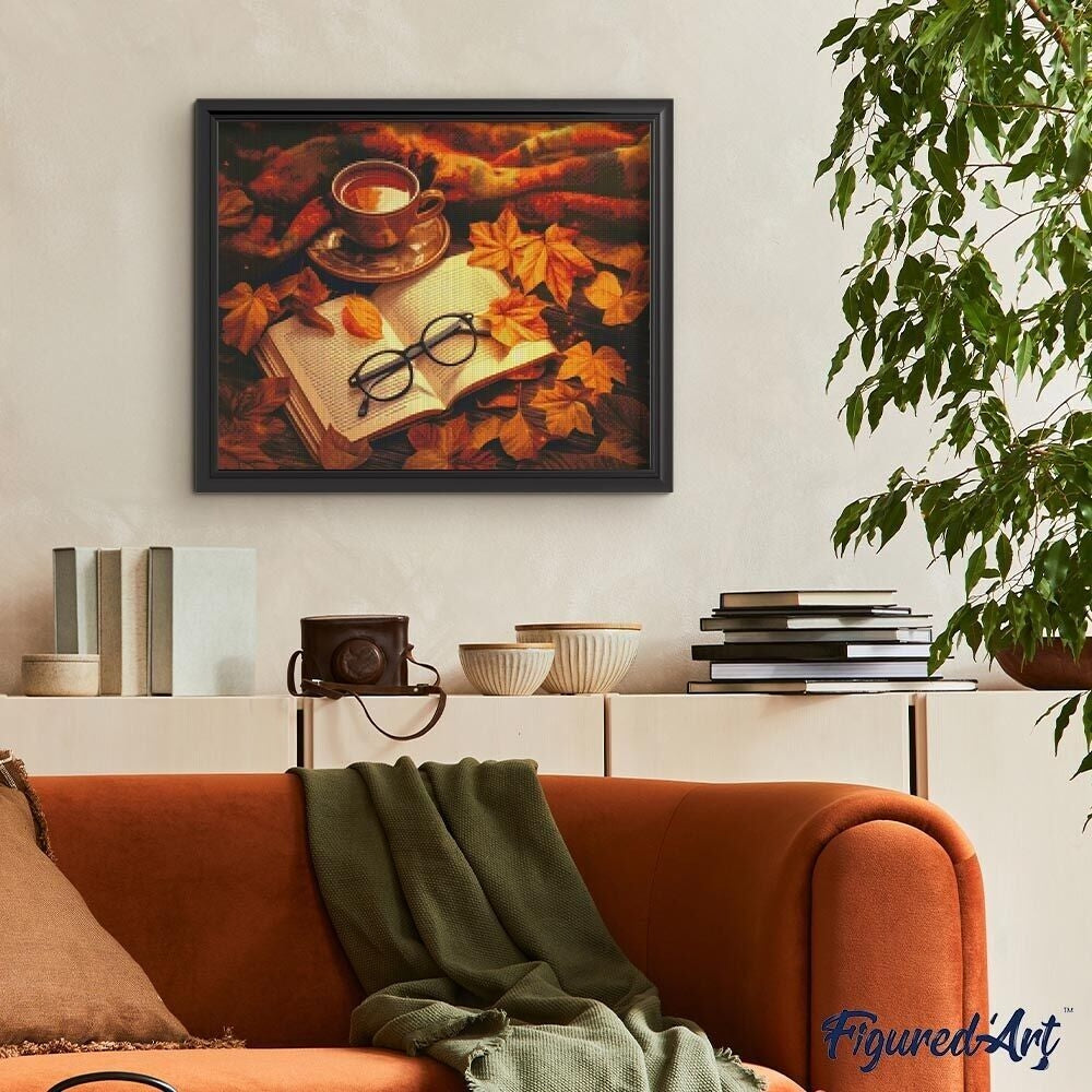 Kit diamond painting complet automne avec thé et livre, diamants carrés et accessoires Figured'Art