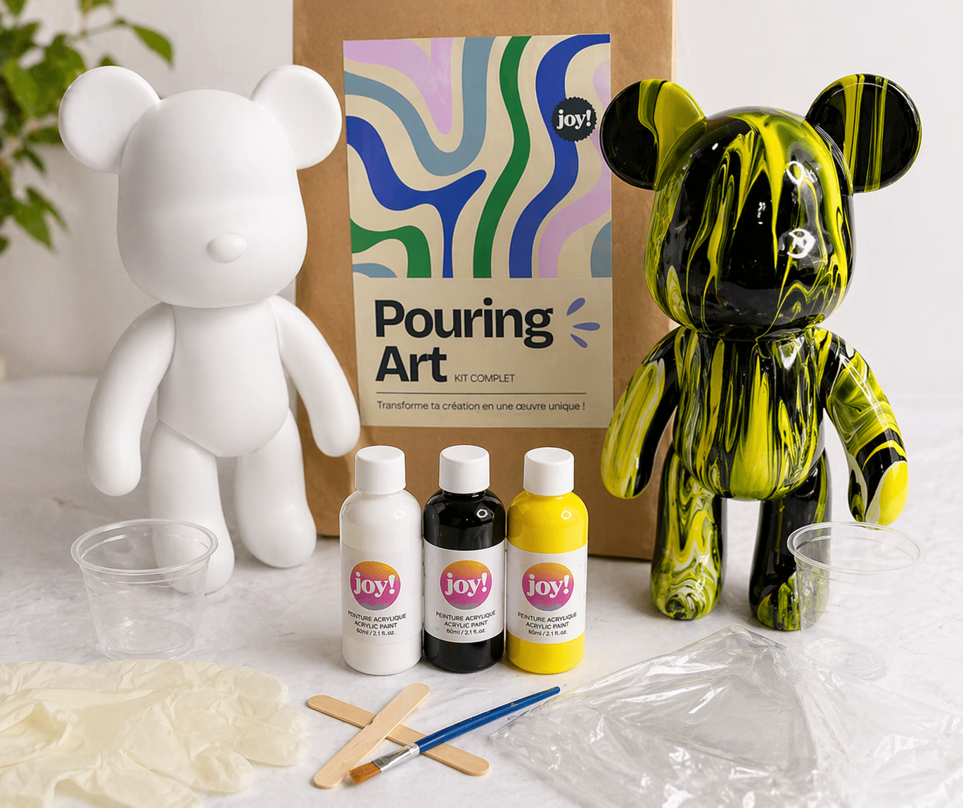 Kit Anniversaire Pouring Art Ours 23 cm – Activité Créative Anniversaire, EVJF, Atelier ou Baby Shower | 4 à 12 kits JOY!