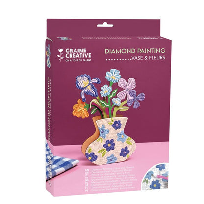 Kit DIY vase et fleurs en bois à décorer avec des strass bleus