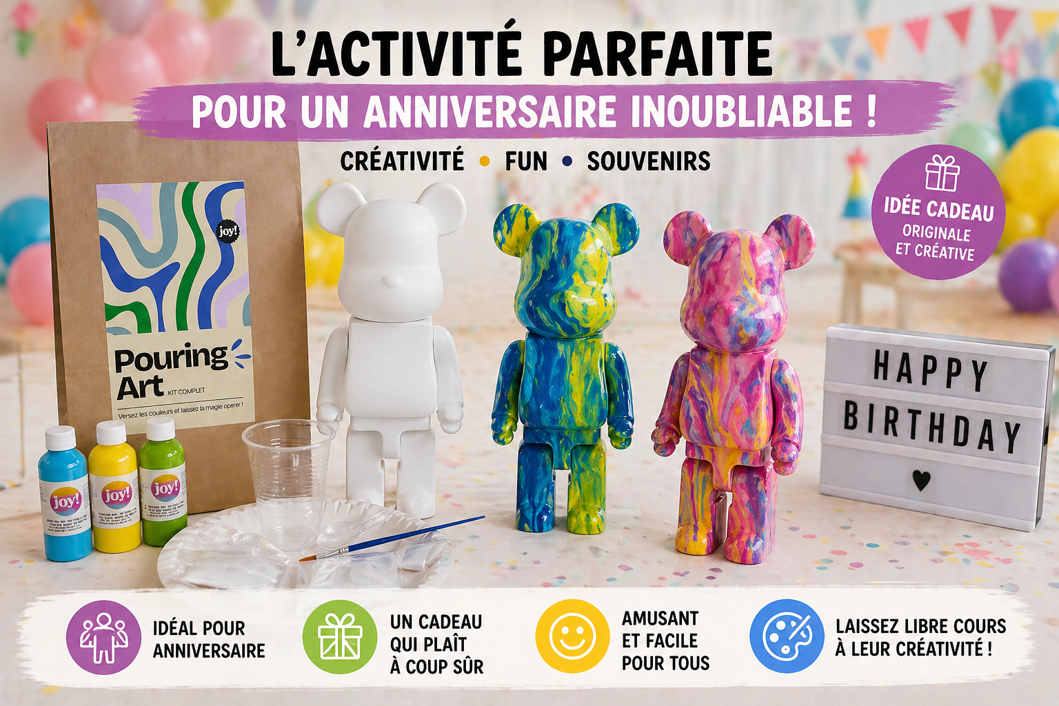 Kit anniversaire DIY Pouring Art Ourson Lego – Lot de 4 à 12 figurines à peindre JOY!