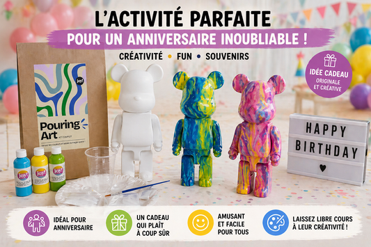 Kit anniversaire DIY Pouring Art Ourson Lego – Lot de 4 à 12 figurines à peindre JOY!