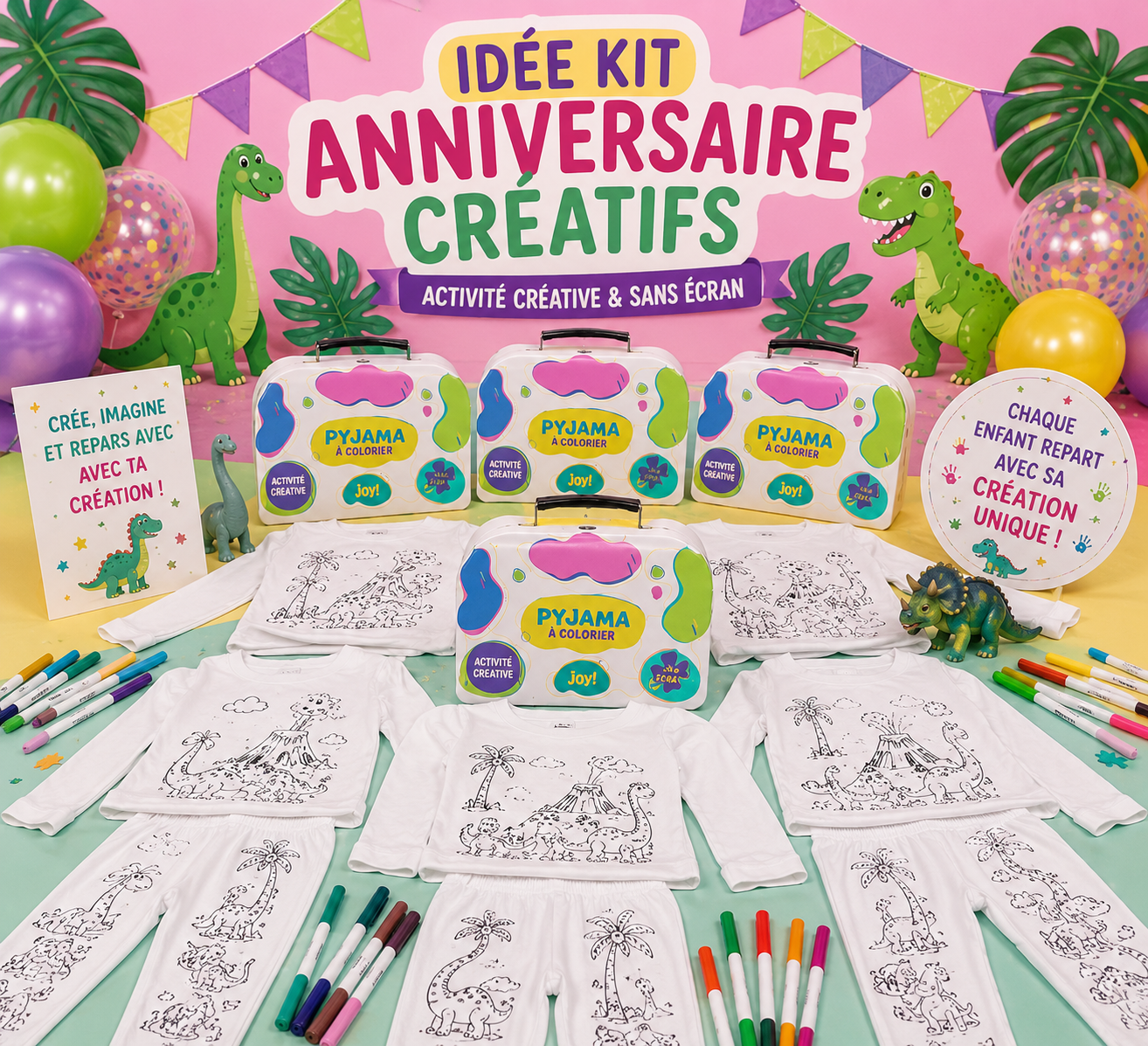 Kit Anniversaire Pyjama à Colorier Dinosaure Rigolo – Activité Créative Enfant JOY!