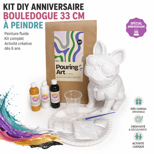 Kit Anniversaire DIY Pouring Art Bouledogue 33 cm – Figurine Géante à Peindre (Lot de 4 à 14) JOY!