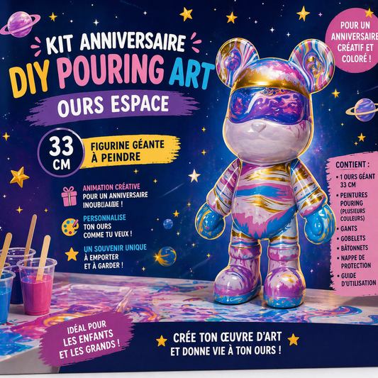 Kit Anniversaire DIY Pouring Art Ours Espace 33 cm – Figurine Géante à Peindre (Lot de 4 à 12) JOY!