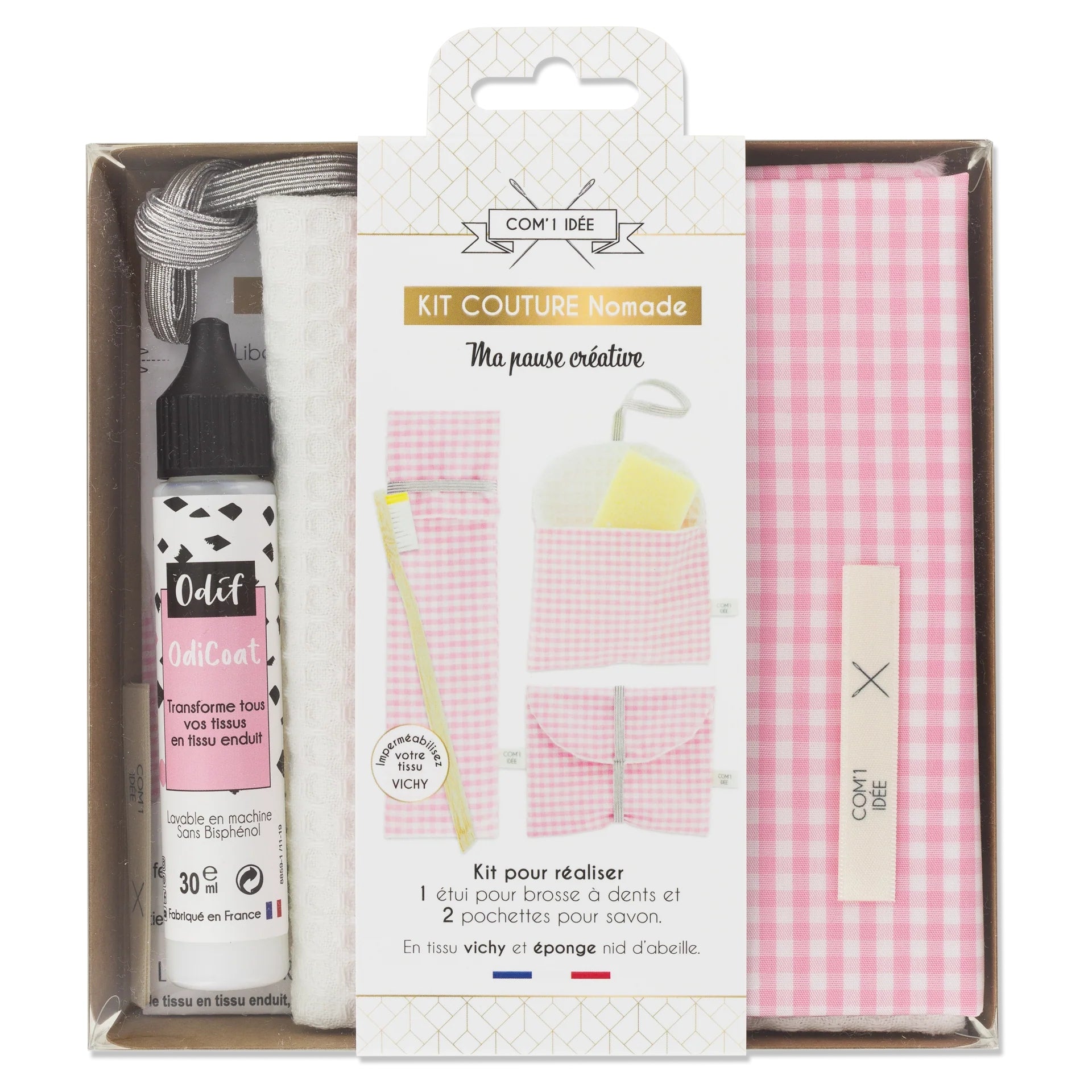 Kit Couture Nomade “Vichy Rose” – Étui Brosse à Dents & Pochettes Savon DIY Com'1 Idée
